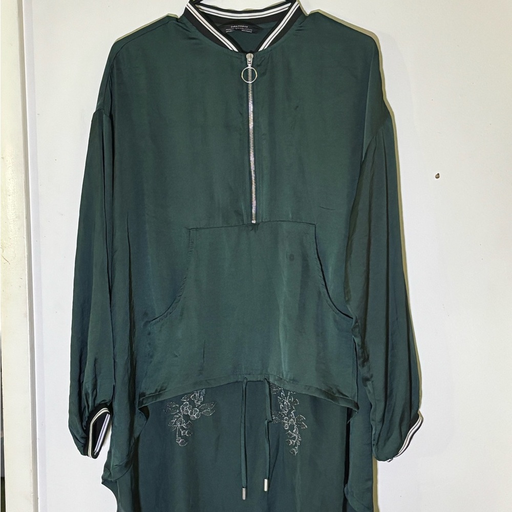 Zara Dark Green Bomber Jacket with Striped Collar